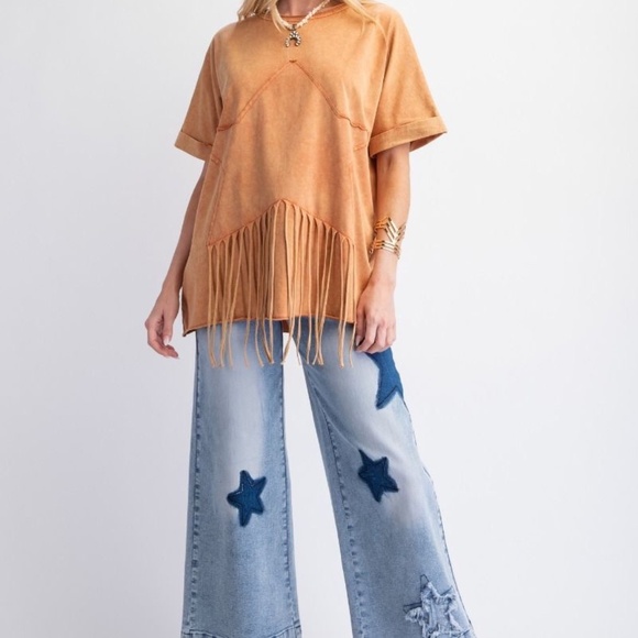 New Easel Star Fringed Cotton Tee Pullover Mineral Wash Cotton Shirt Top PUMKIN - Picture 7 of 8